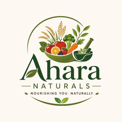 Ahara Naturals logo: a bowl of grains, fruit and vegetables with a mortar and pestle