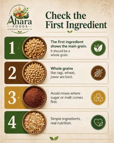 Check the first ingredient: whole grains like ragi, wheat, jowar; avoid mixes where sugar or malt comes first
